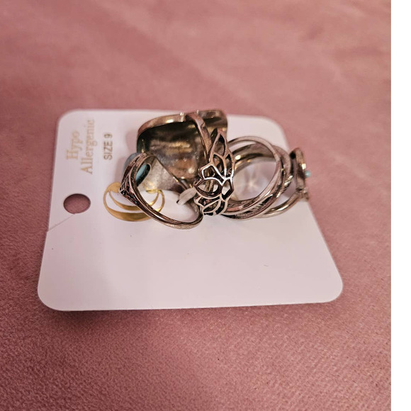 Charming Charlie Silver-Tone Mixed Metal & Faux Turquoise Light Ring Set Size 9 - Picture 7 of 8